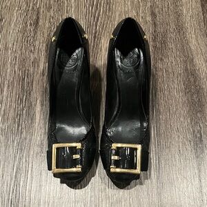 Tory Burch Black Heels with Gold Buckle